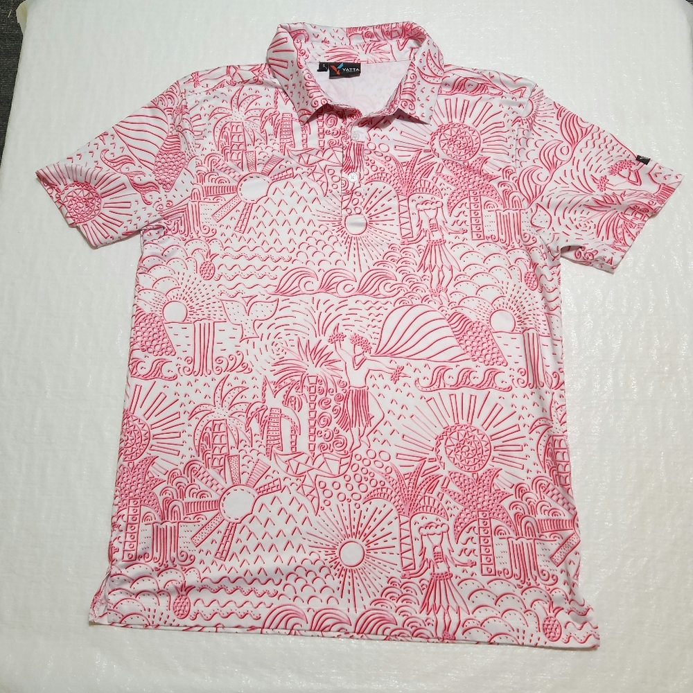 Yatta pink white beach print polo shirt. Size small